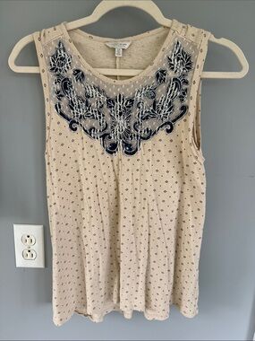Lucky Brand Cream Tank with Navy Embroidered Yoke